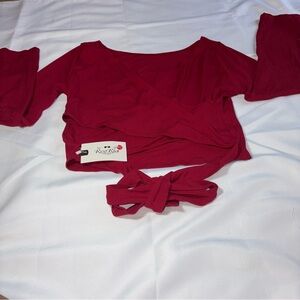 ReoRia Red Cross Wrap Long Sleeve Deep Veck Tie Front Crop Top Size 2XL